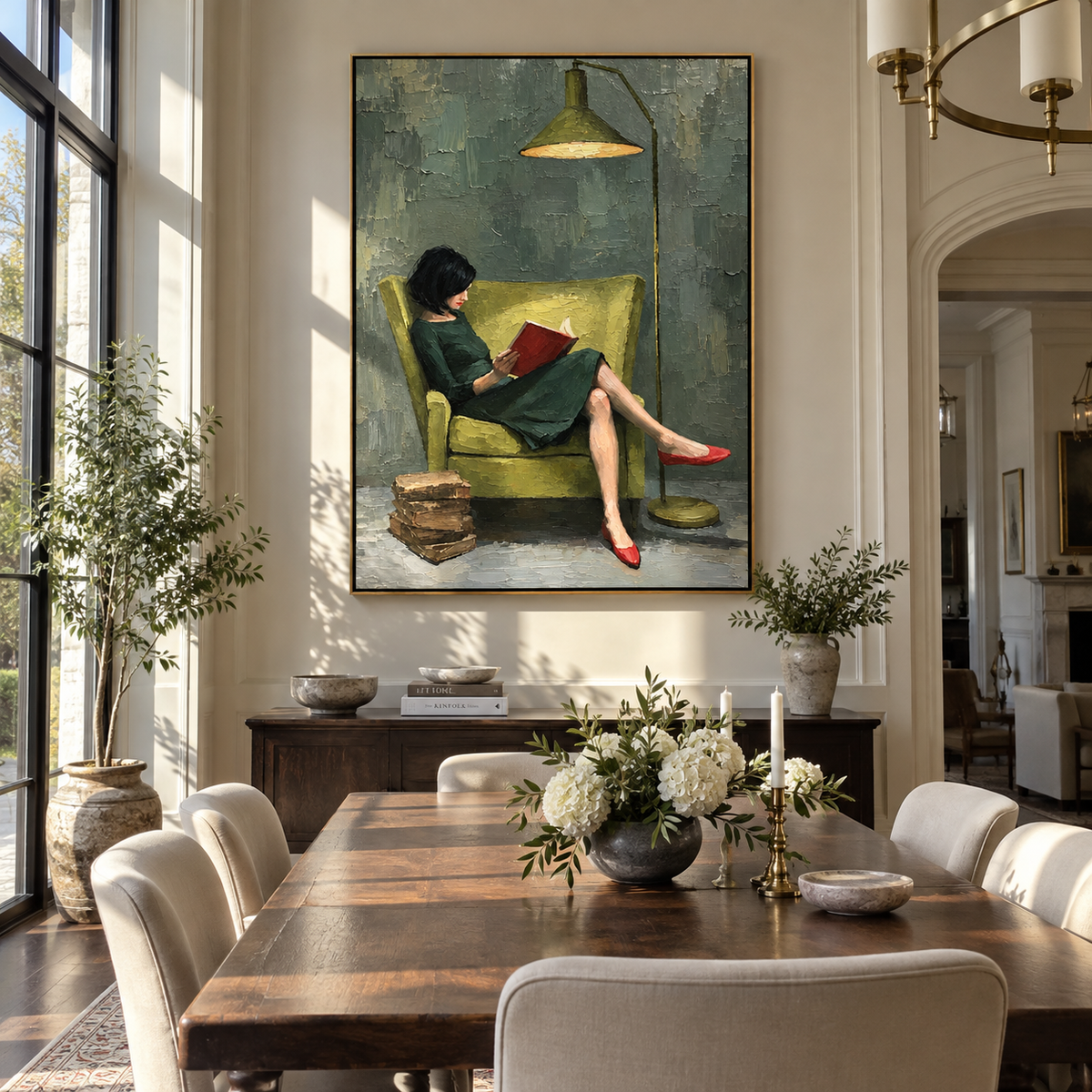 Green Lamp Warms Pages – woman reading under green lamp, Retro Modern vertical wall art - displayed above a narrow living room console