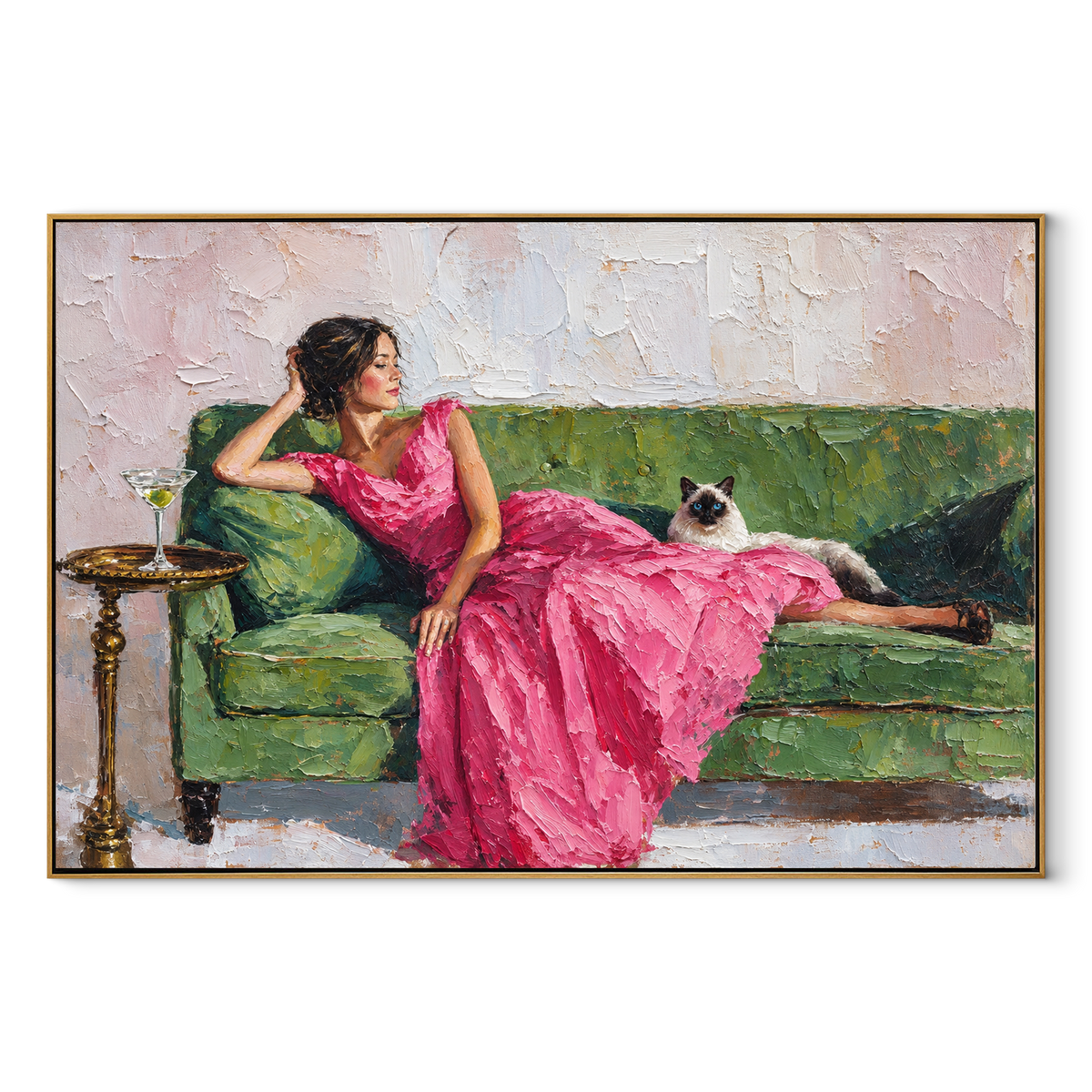 Pink Gown Meets Companion – pink gown woman with cat, Retro Modern horizontal wall art - wood frame on white background