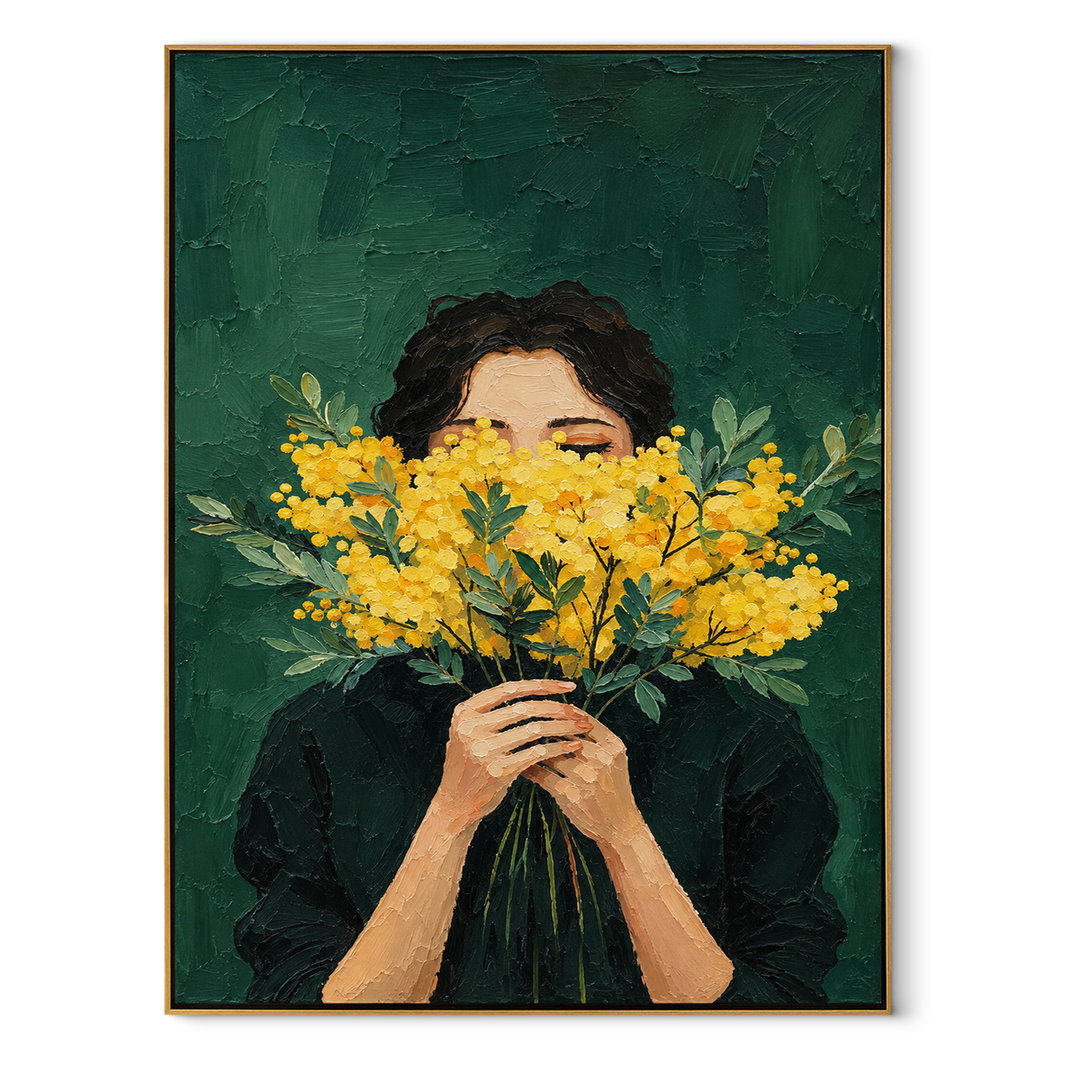 Yellow Flowers Hide Gaze – woman holding yellow flowers, Retro Modern vertical wall art - wood frame on white background
