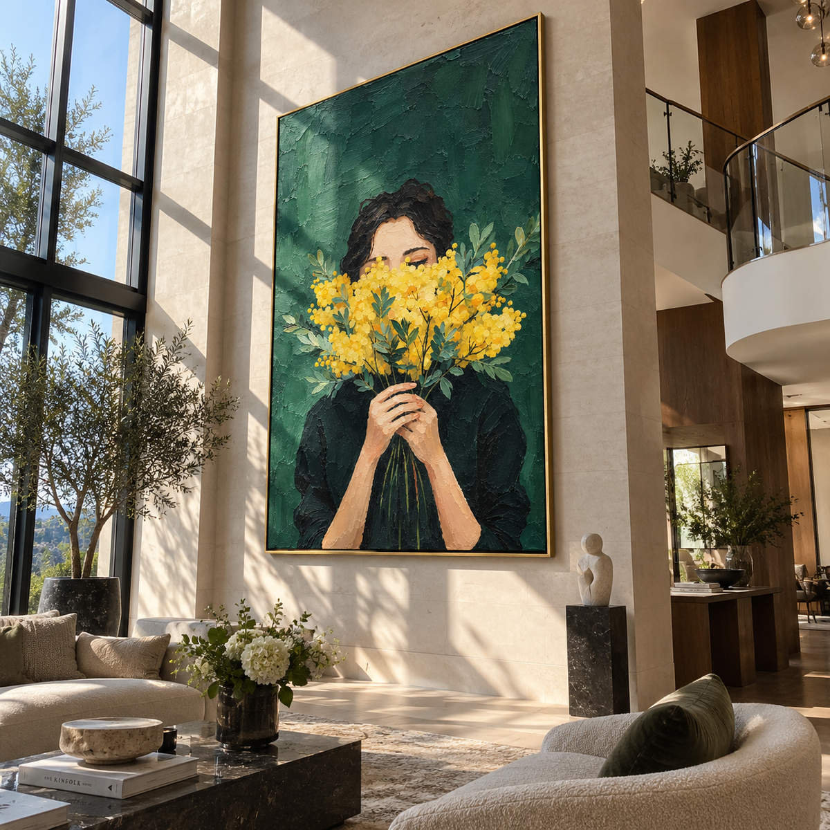 Yellow Flowers Hide Gaze – woman holding yellow flowers, Retro Modern vertical wall art - displayed through an entryway