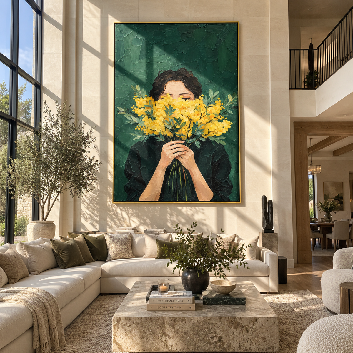 Yellow Flowers Hide Gaze – woman holding yellow flowers, Retro Modern vertical wall art - displayed along a stair landing
