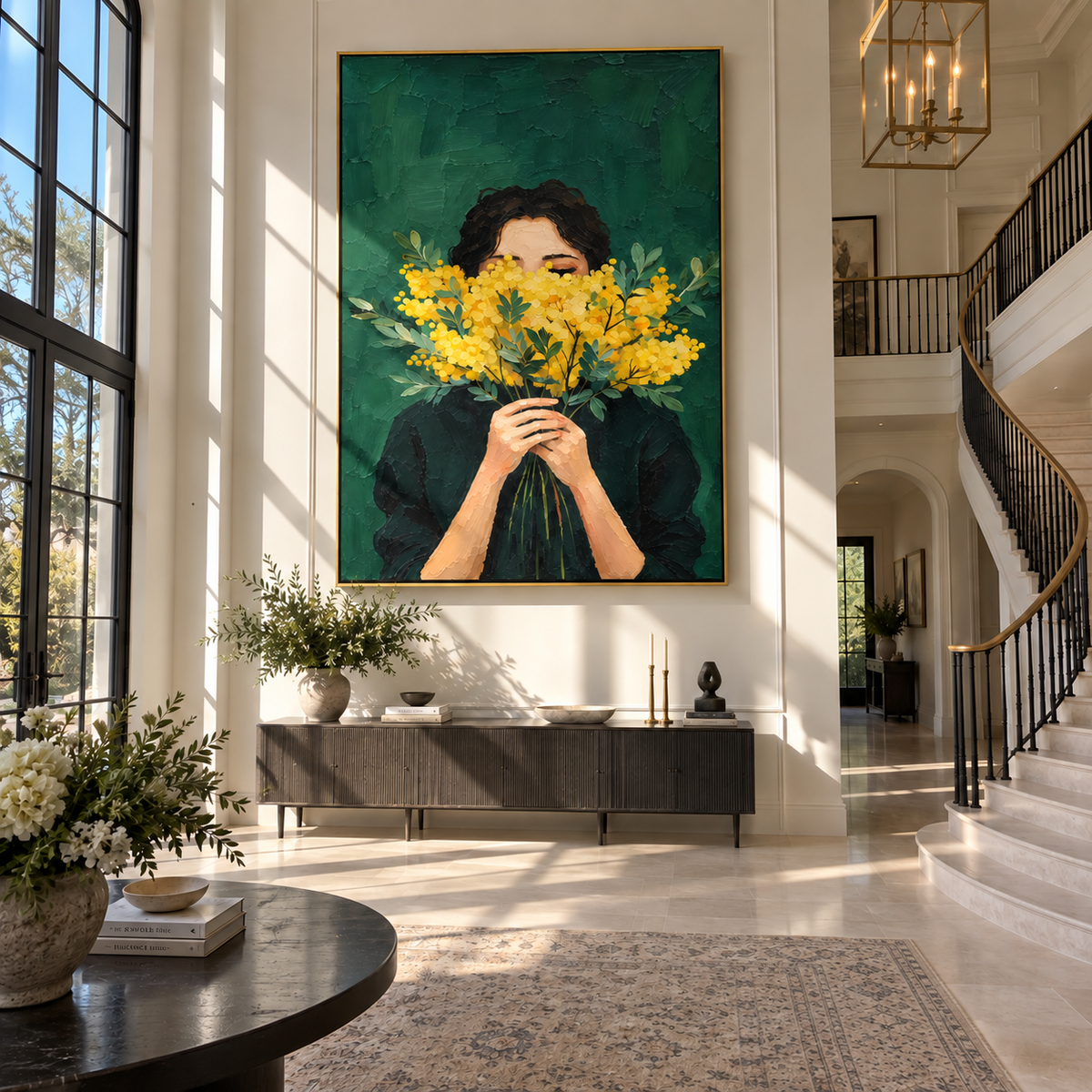 Yellow Flowers Hide Gaze – woman holding yellow flowers, Retro Modern vertical wall art - displayed above a narrow living room console