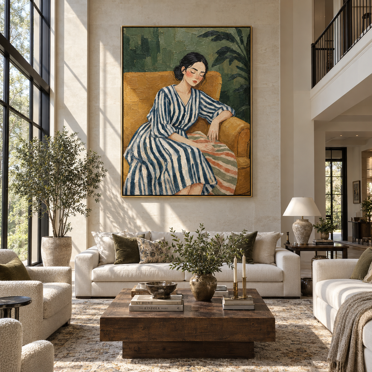 Blue Stripes Rest Green – woman resting in striped dress, Retro Modern vertical wall art - displayed through an entryway