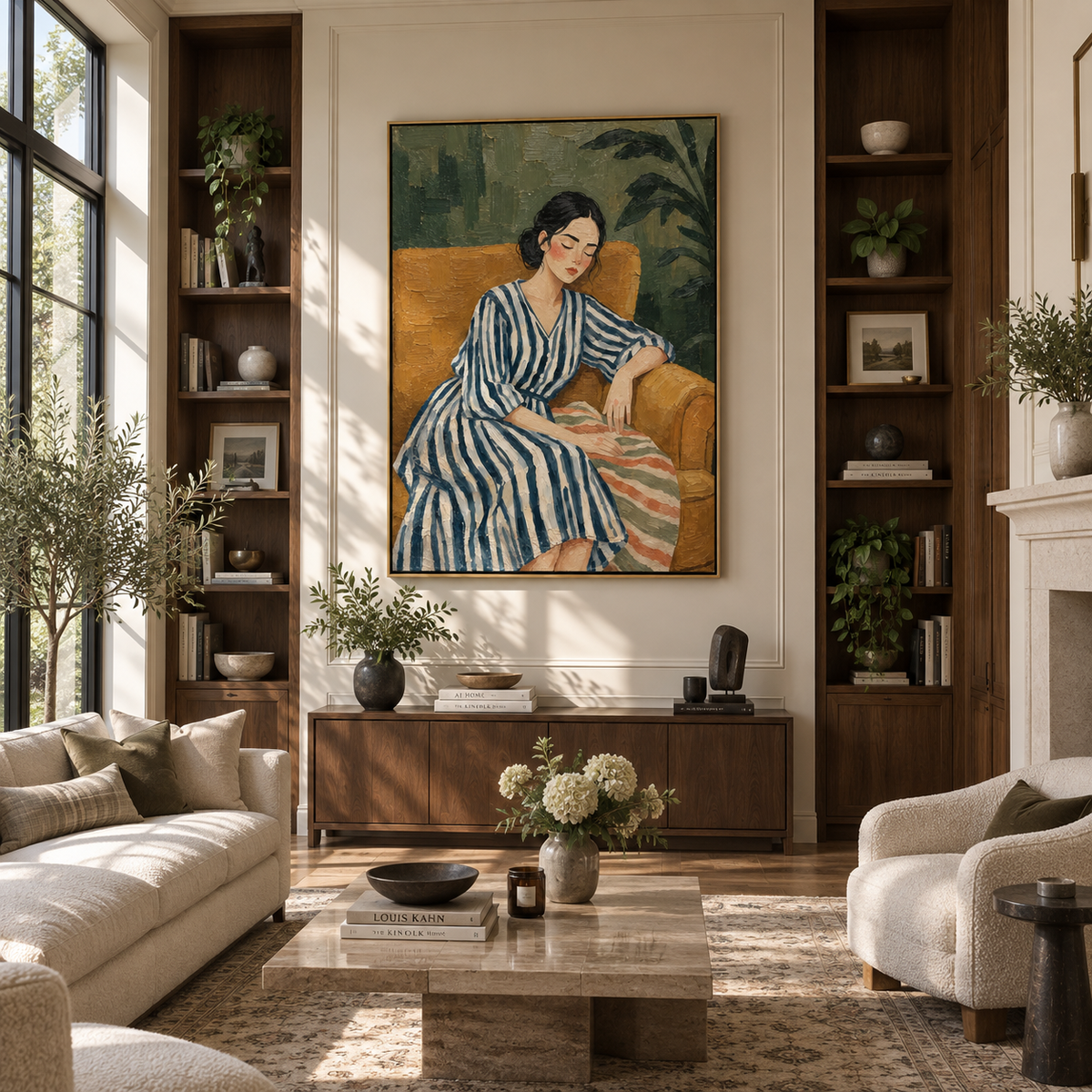 Blue Stripes Rest Green – woman resting in striped dress, Retro Modern vertical wall art - displayed along a stair landing