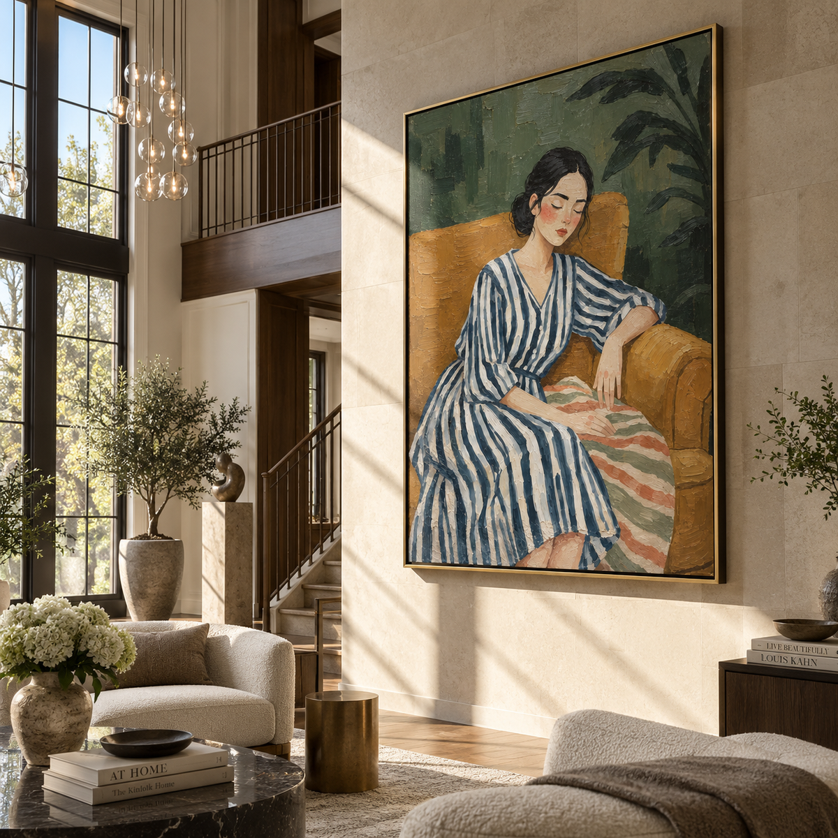 Blue Stripes Rest Green – woman resting in striped dress, Retro Modern vertical wall art - displayed above a narrow living room console