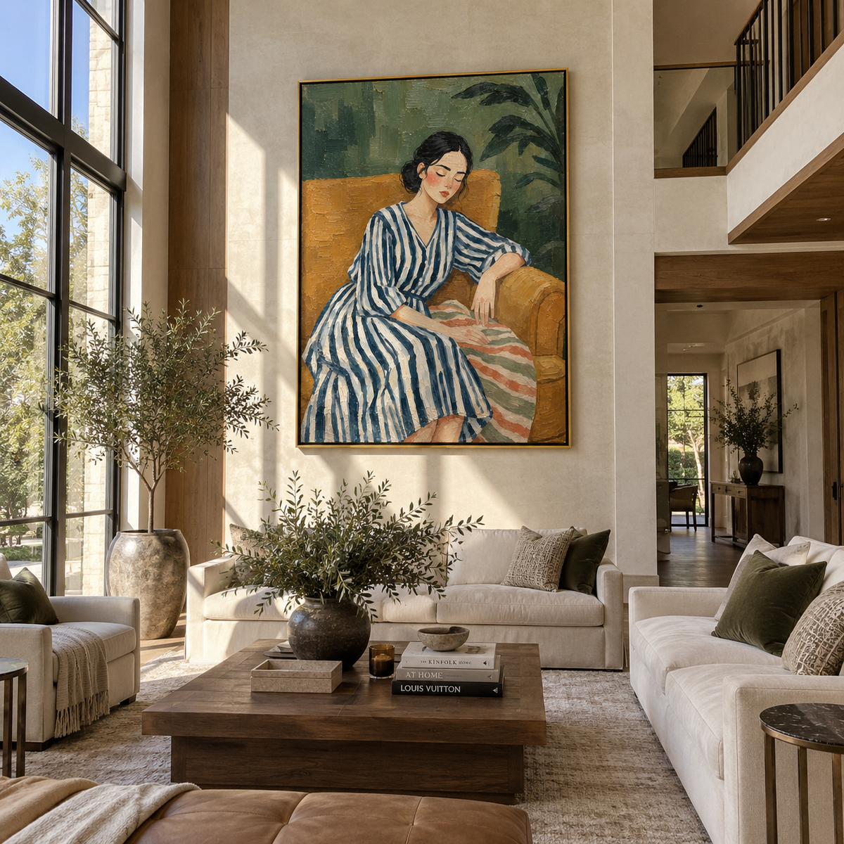 Blue Stripes Rest Green – woman resting in striped dress, Retro Modern vertical wall art - displayed in a quiet reading corner