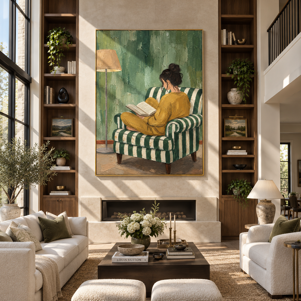 Mustard Dress Reads Alone – woman reading in green chair, Retro Modern vertical wall art - displayed beside a bedroom dresser