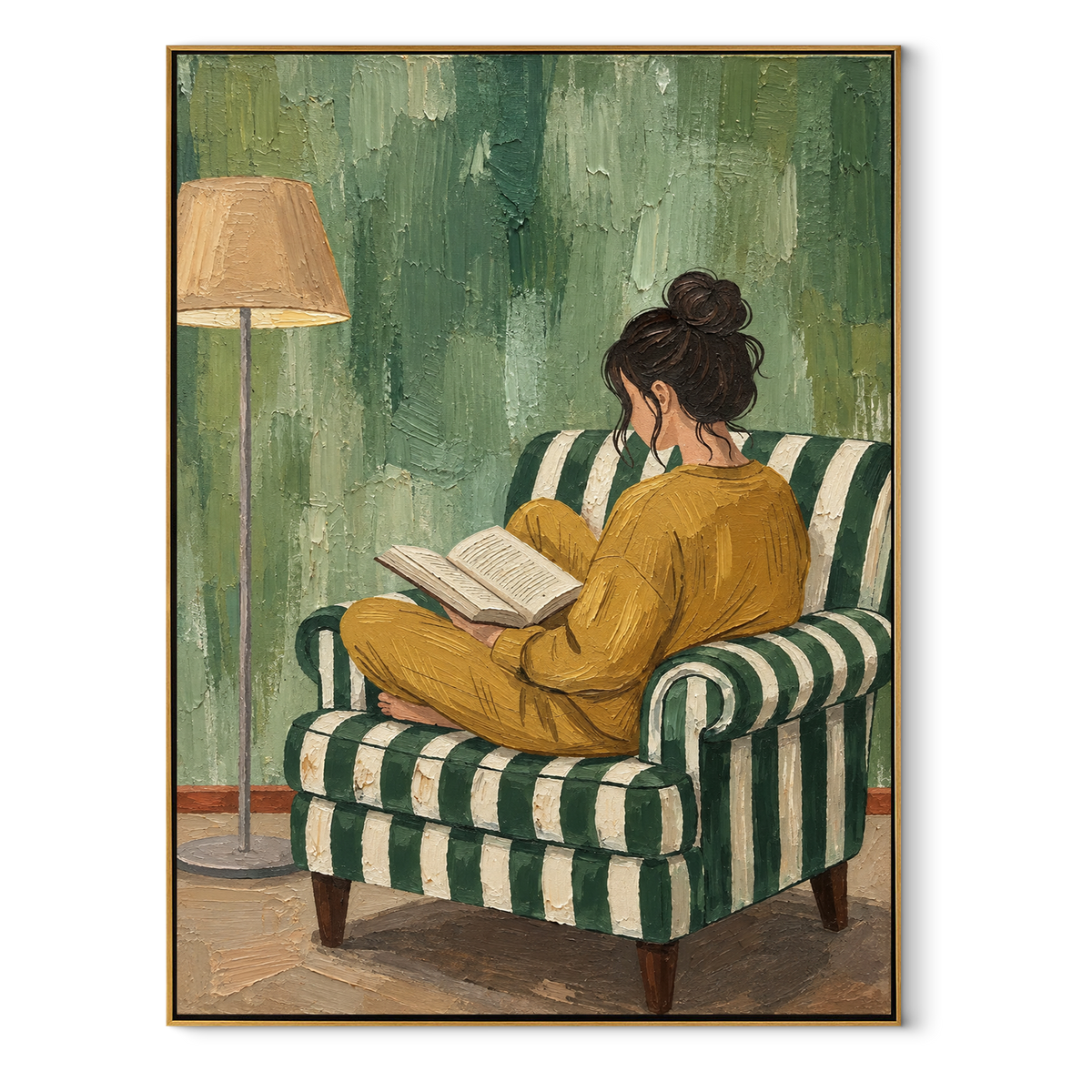 Mustard Dress Reads Alone – woman reading in green chair, Retro Modern vertical wall art - wood frame on white background