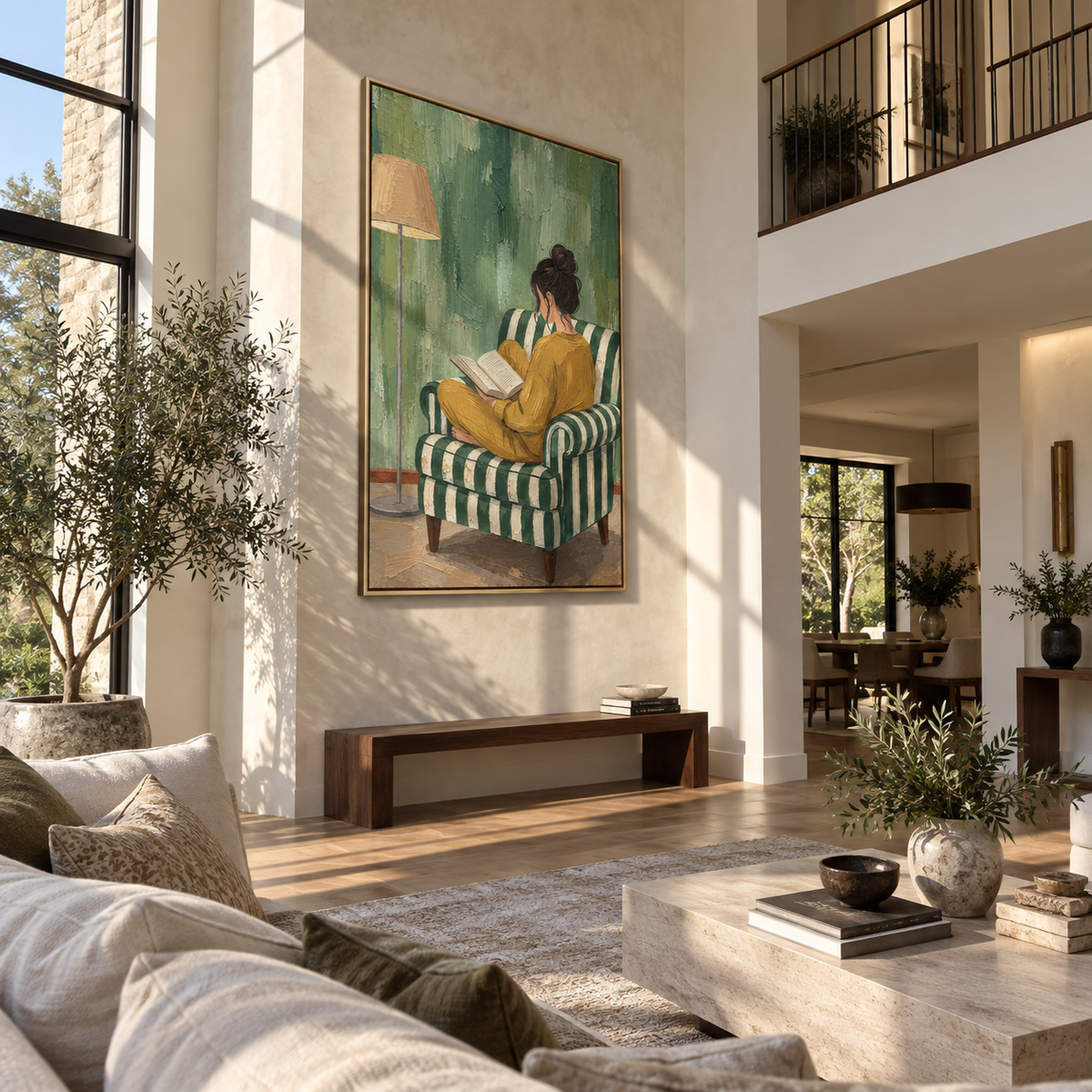 Mustard Dress Reads Alone – woman reading in green chair, Retro Modern vertical wall art - displayed along a stair landing
