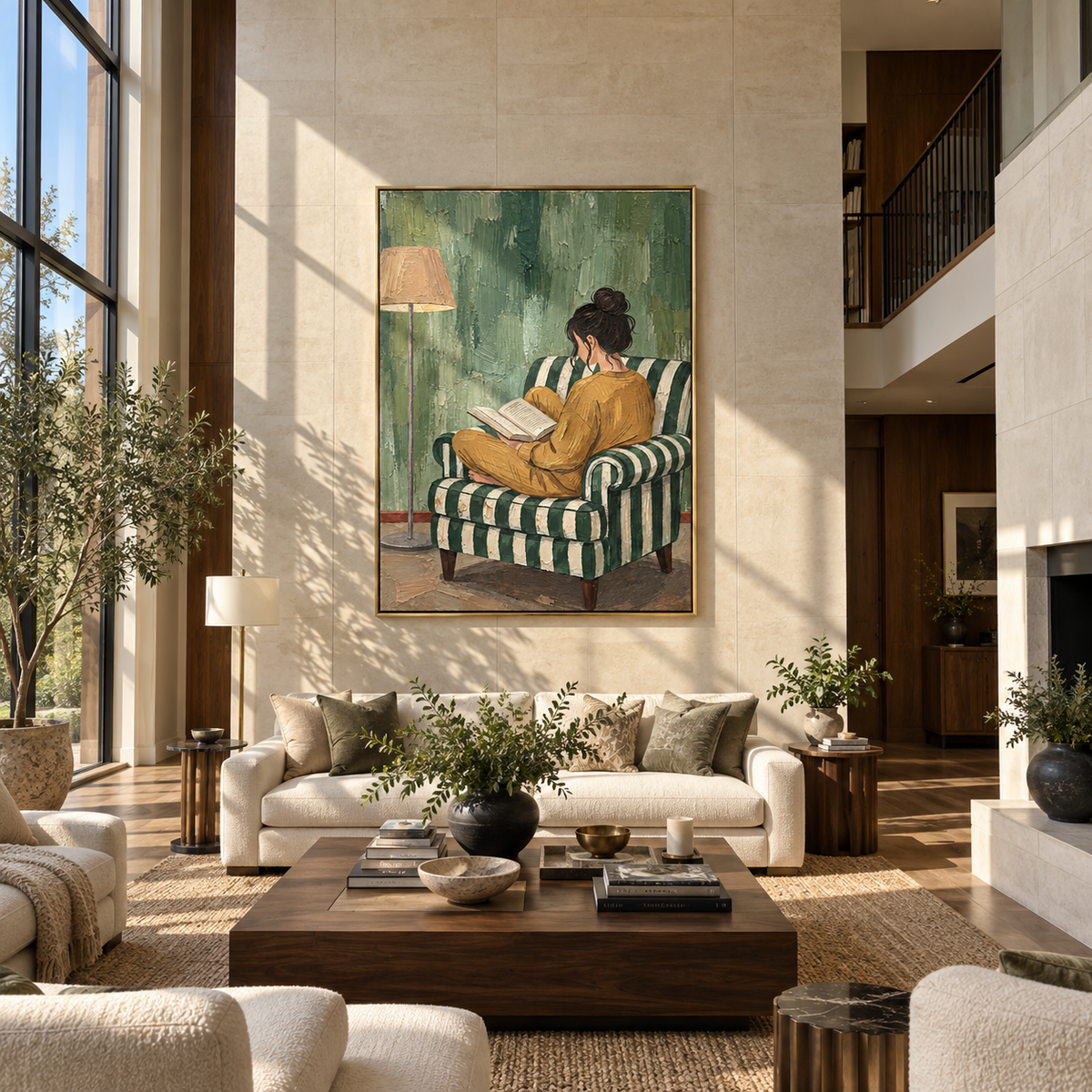 Mustard Dress Reads Alone – woman reading in green chair, Retro Modern vertical wall art - displayed above a narrow living room console