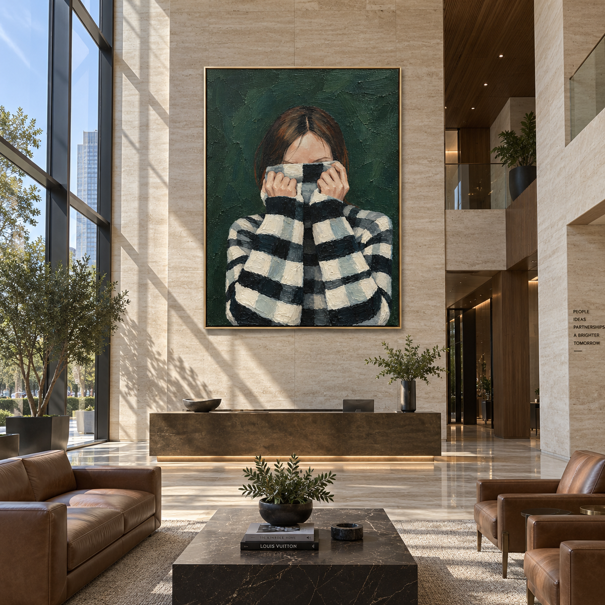 Checked Sleeves Guard Face – checkered sweater woman portrait, Retro Modern vertical wall art - displayed beside a bedroom dresser