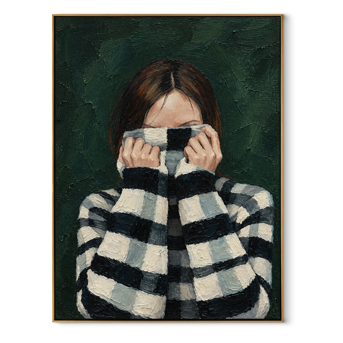 Checked Sleeves Guard Face – checkered sweater woman portrait, Retro Modern vertical wall art - wood frame on white background