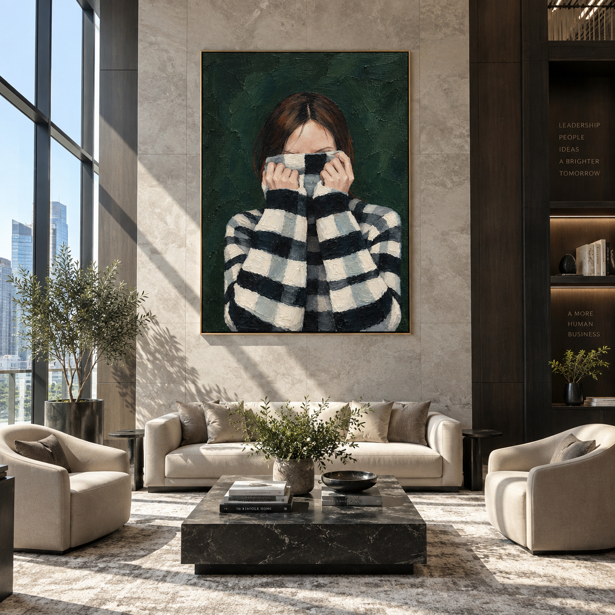 Checked Sleeves Guard Face – checkered sweater woman portrait, Retro Modern vertical wall art - displayed along a stair landing