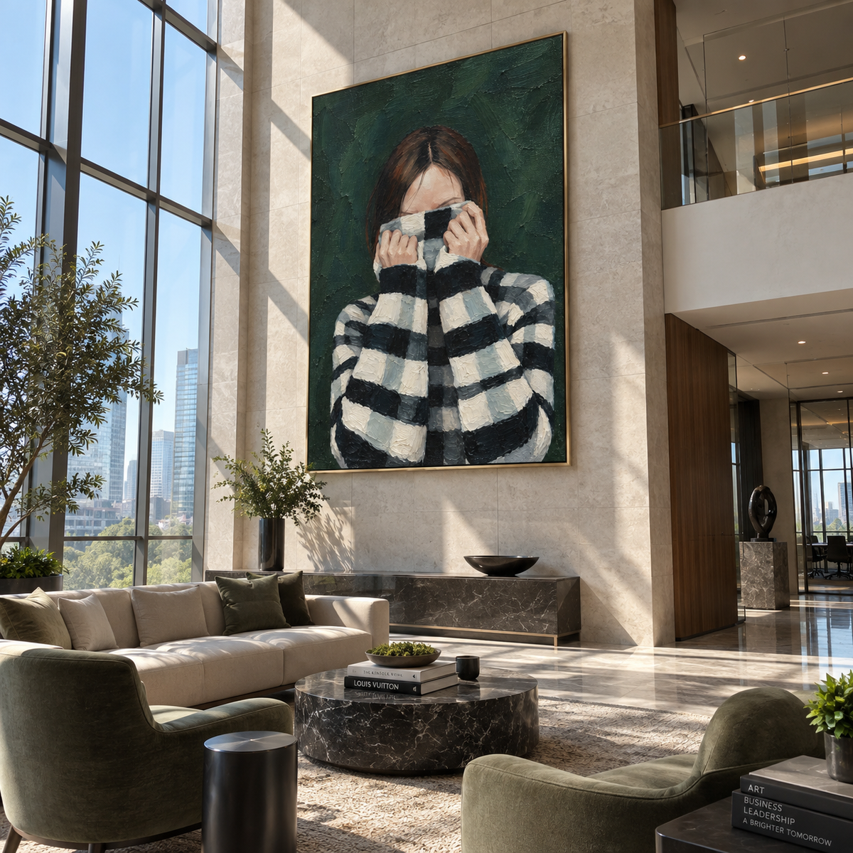 Checked Sleeves Guard Face – checkered sweater woman portrait, Retro Modern vertical wall art - displayed in a quiet reading corner
