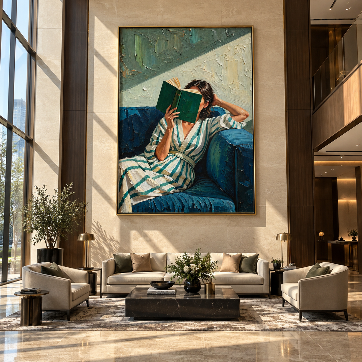 Green Book Blocks Light – striped woman reading green book, Retro Modern vertical wall art - displayed in a quiet reading corner