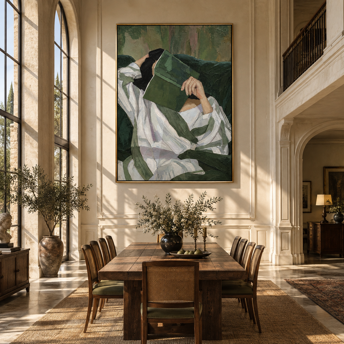 Green Volume Holds Rest – reclining woman reading green book, Retro Modern vertical wall art - displayed beside a bedroom dresser