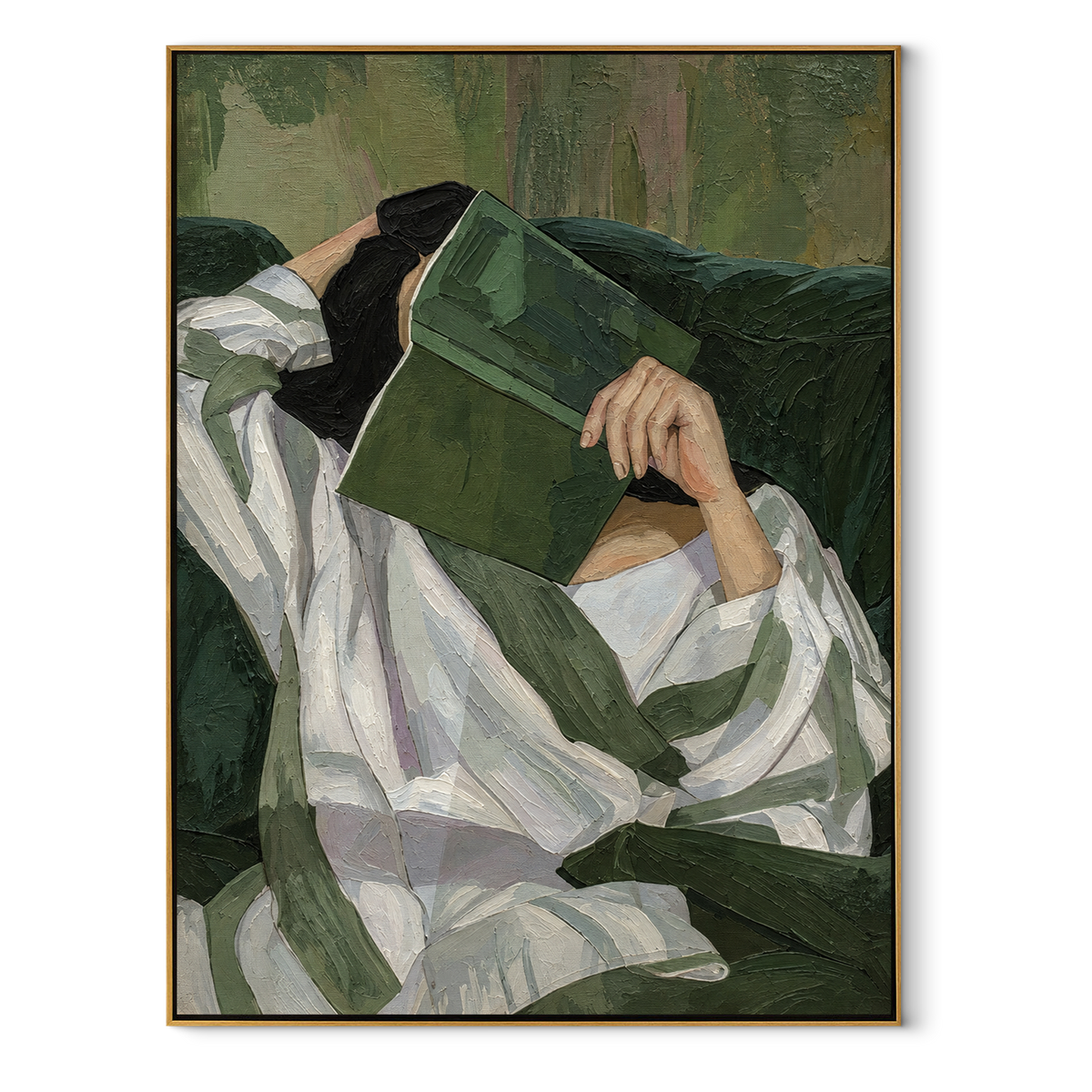Green Volume Holds Rest – reclining woman reading green book, Retro Modern vertical wall art - wood frame on white background