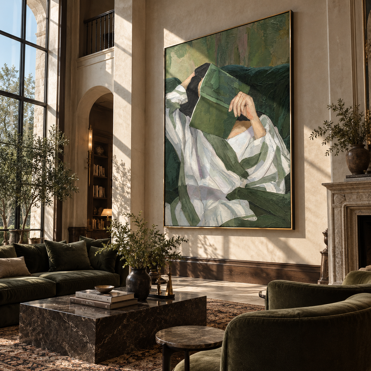 Green Volume Holds Rest – reclining woman reading green book, Retro Modern vertical wall art - displayed through an entryway