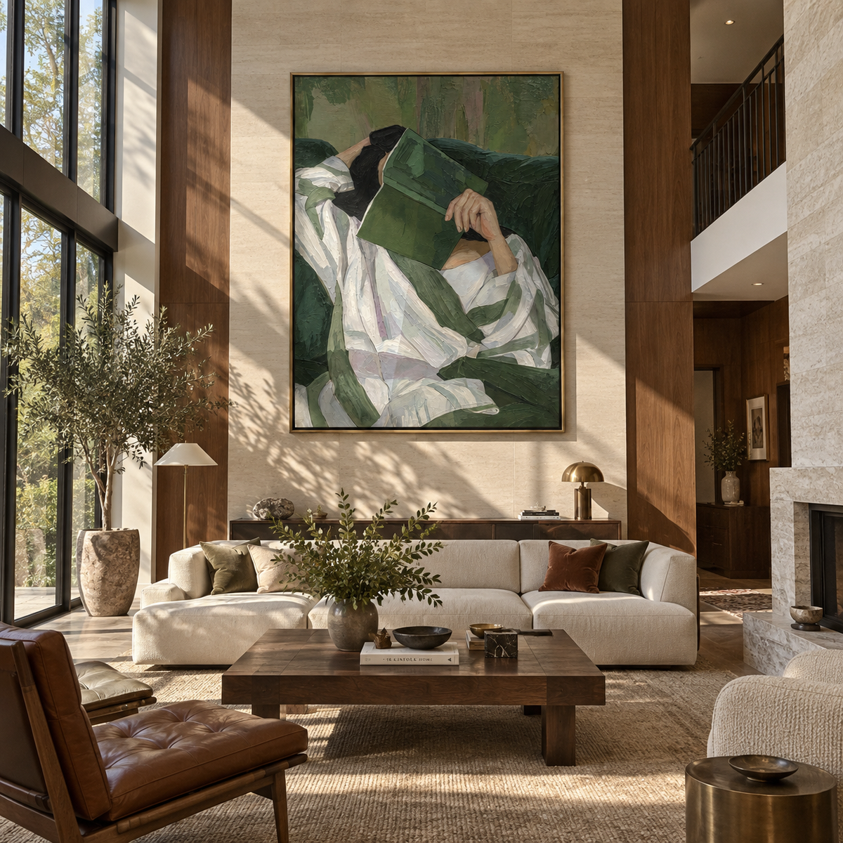 Green Volume Holds Rest – reclining woman reading green book, Retro Modern vertical wall art - displayed along a stair landing