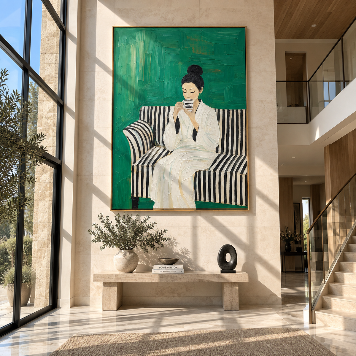 Striped Sofa Holds Coffee – woman drinking coffee on striped sofa, Retro Modern vertical wall art - displayed above a narrow living room console