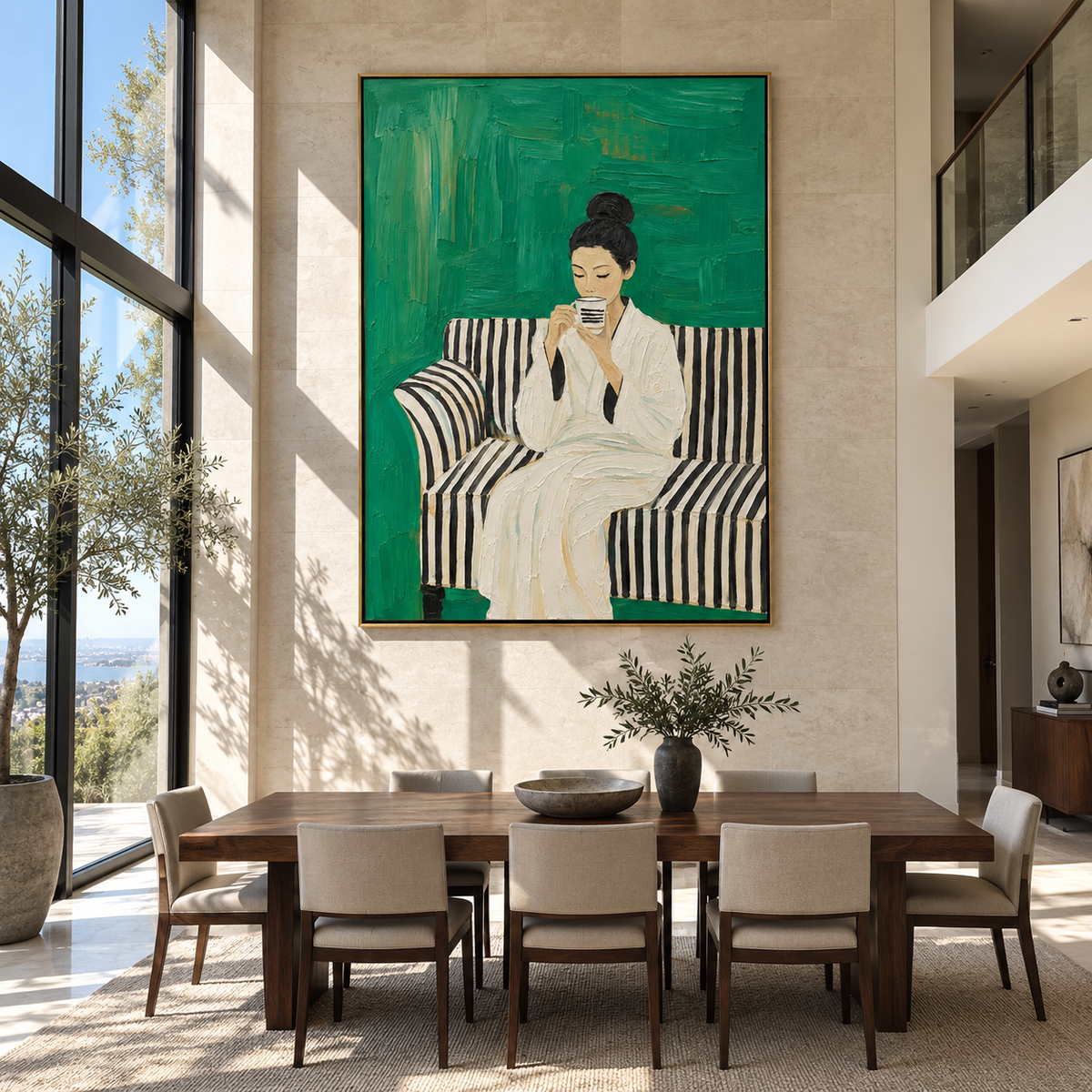 Striped Sofa Holds Coffee – woman drinking coffee on striped sofa, Retro Modern vertical wall art - displayed in a quiet reading corner