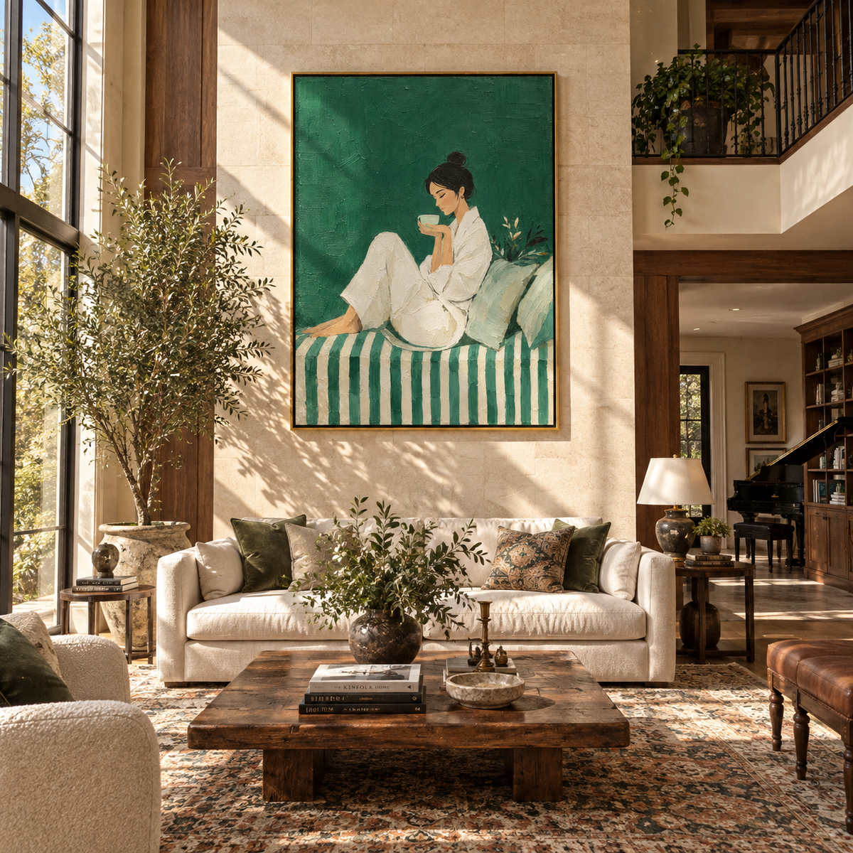 White Morning Tastes Green – white robe woman drinking coffee, Retro Modern vertical wall art - displayed beside a bedroom dresser