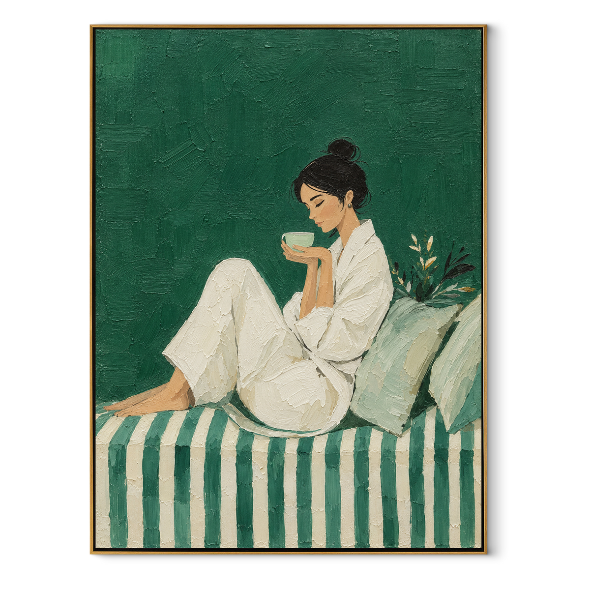 White Morning Tastes Green – white robe woman drinking coffee, Retro Modern vertical wall art - wood frame on white background