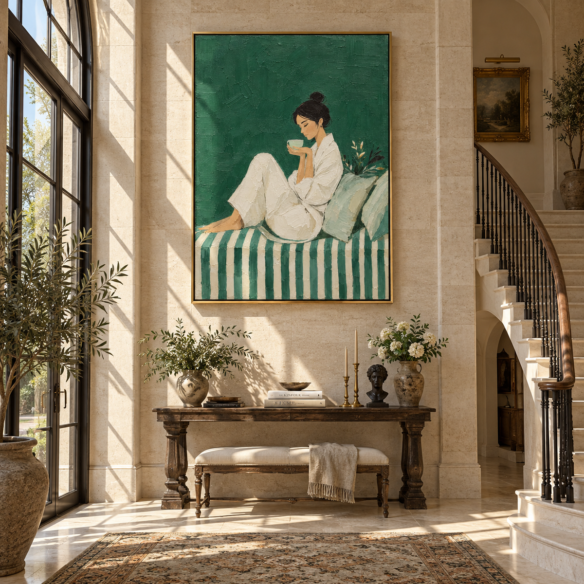 White Morning Tastes Green – white robe woman drinking coffee, Retro Modern vertical wall art - displayed through an entryway