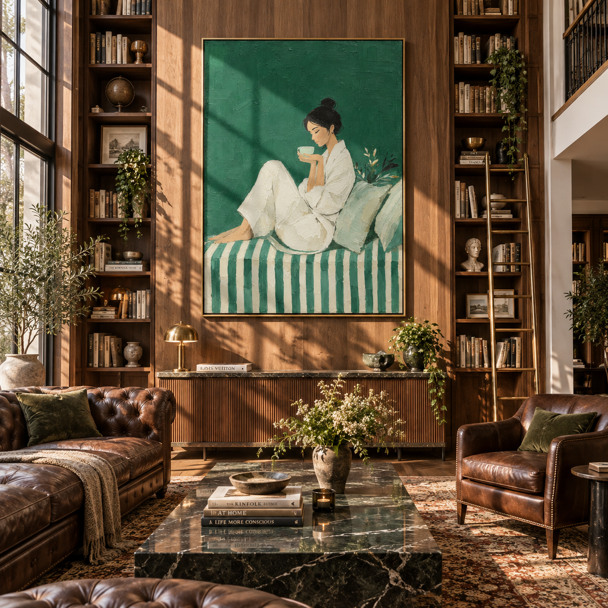 White Morning Tastes Green – white robe woman drinking coffee, Retro Modern vertical wall art - displayed along a stair landing