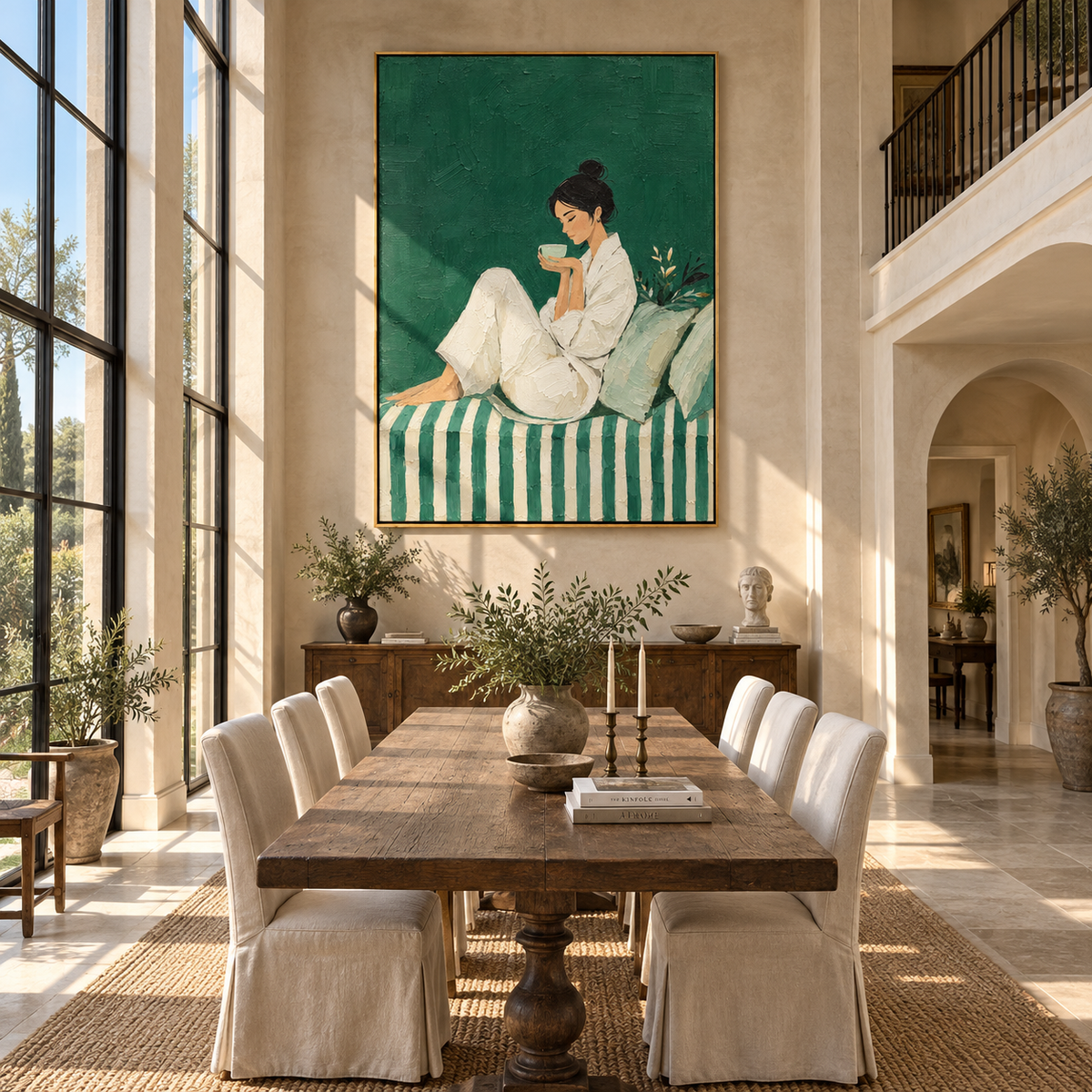 White Morning Tastes Green – white robe woman drinking coffee, Retro Modern vertical wall art - displayed above a narrow living room console
