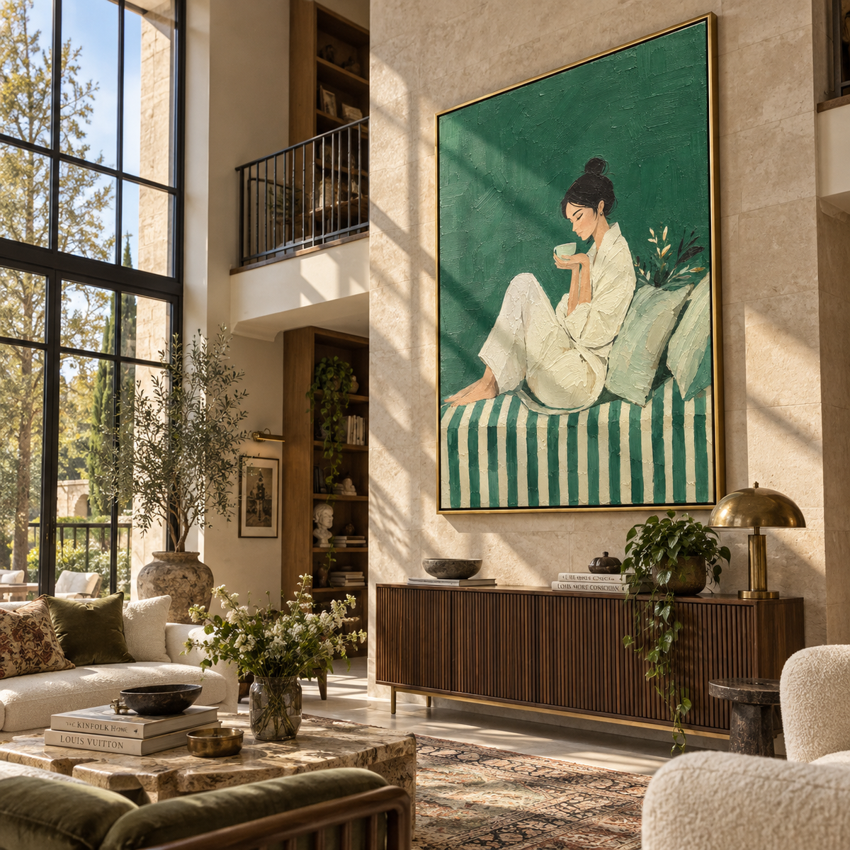 White Morning Tastes Green – white robe woman drinking coffee, Retro Modern vertical wall art - displayed in a quiet reading corner