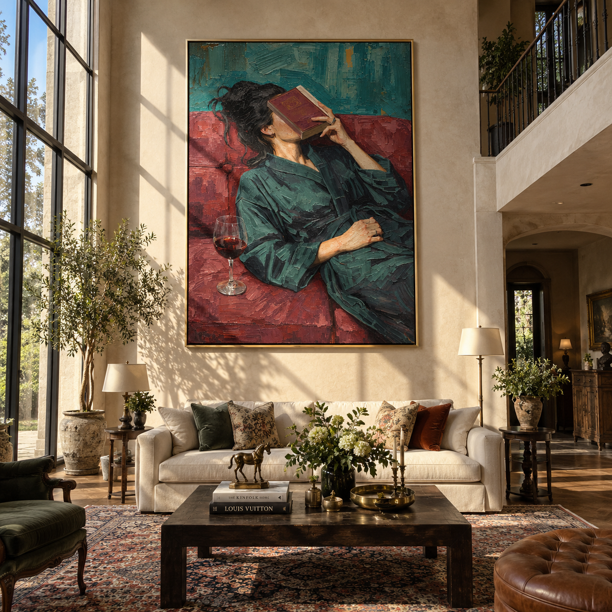 Red Pages Meet Wine – reclining woman reading with wine, Retro Modern vertical wall art - displayed beside a bedroom dresser