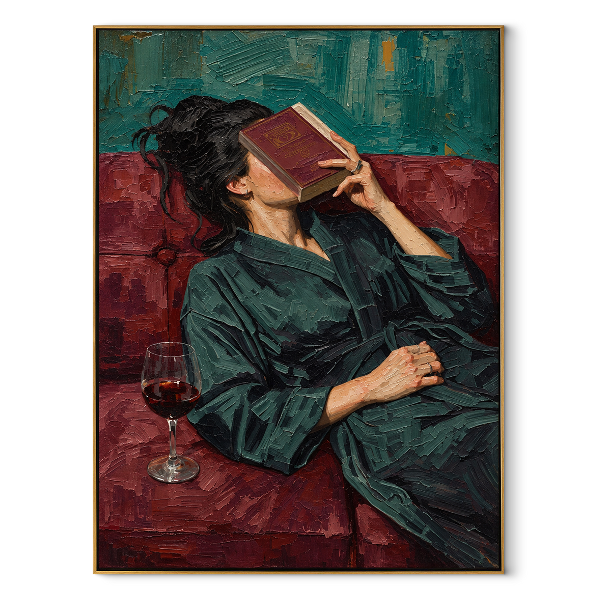Red Pages Meet Wine – reclining woman reading with wine, Retro Modern vertical wall art - wood frame on white background