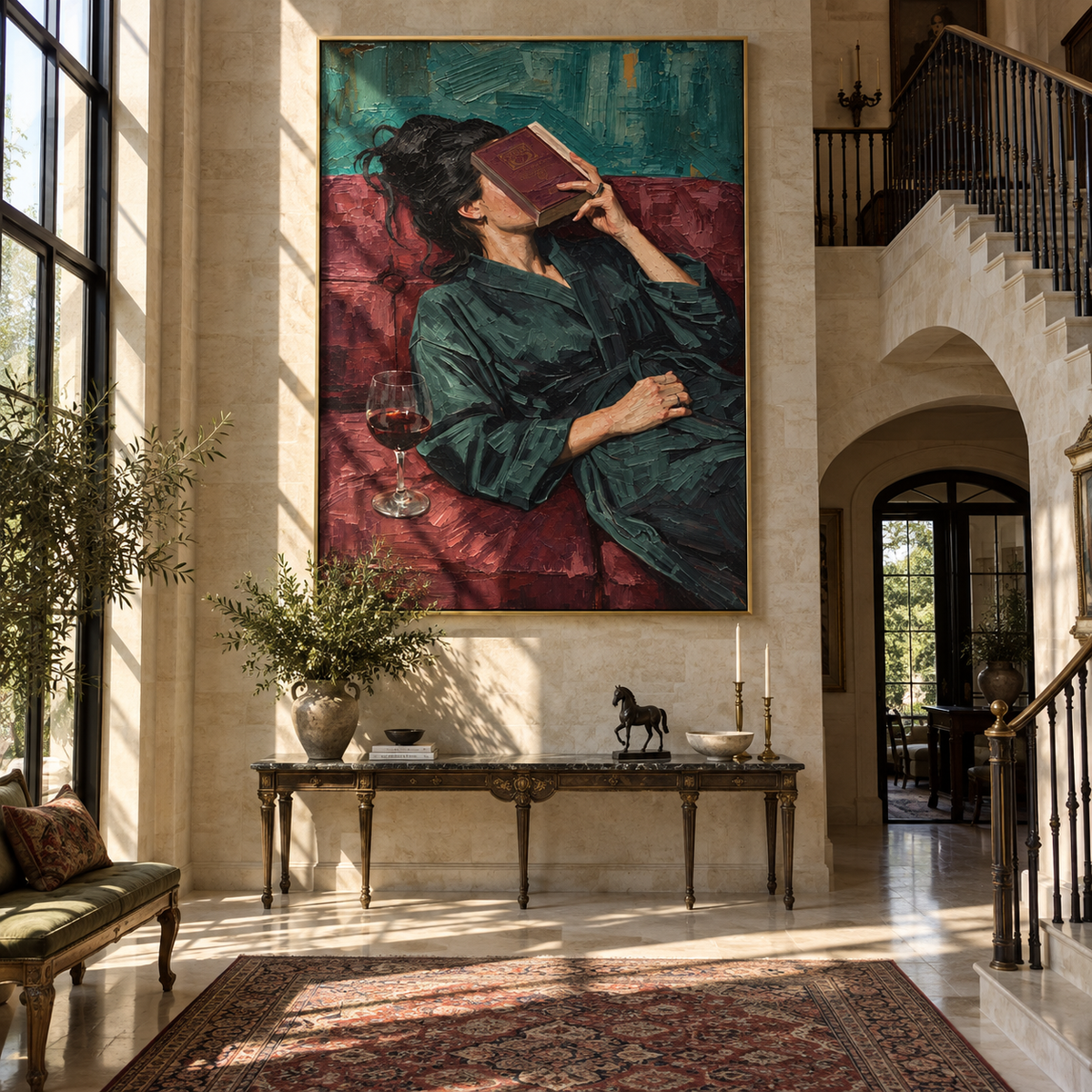 Red Pages Meet Wine – reclining woman reading with wine, Retro Modern vertical wall art - displayed through an entryway