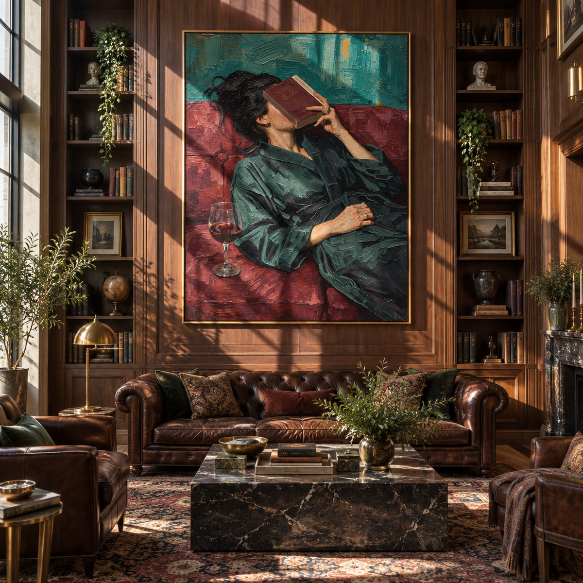 Red Pages Meet Wine – reclining woman reading with wine, Retro Modern vertical wall art - displayed along a stair landing