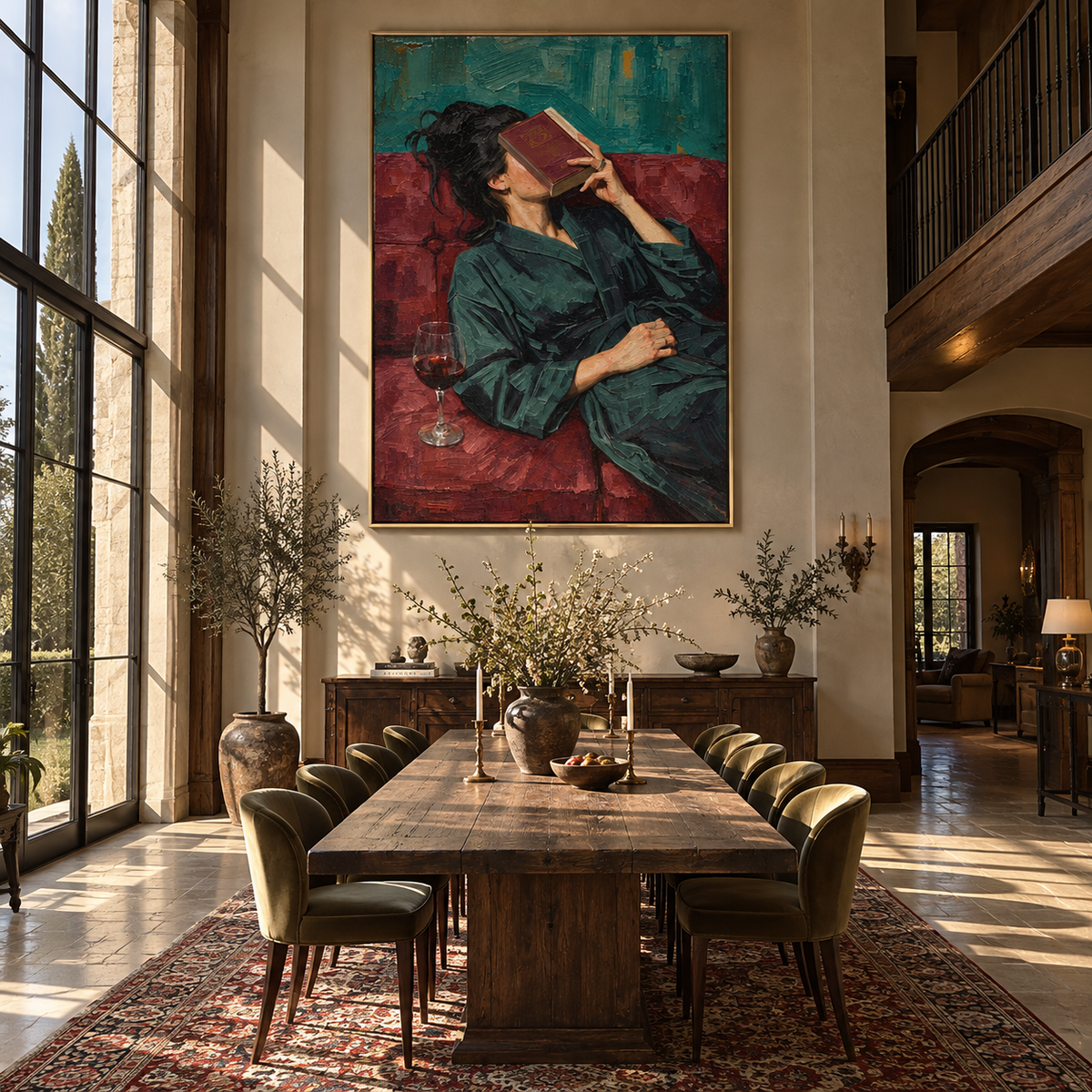 Red Pages Meet Wine – reclining woman reading with wine, Retro Modern vertical wall art - displayed above a narrow living room console