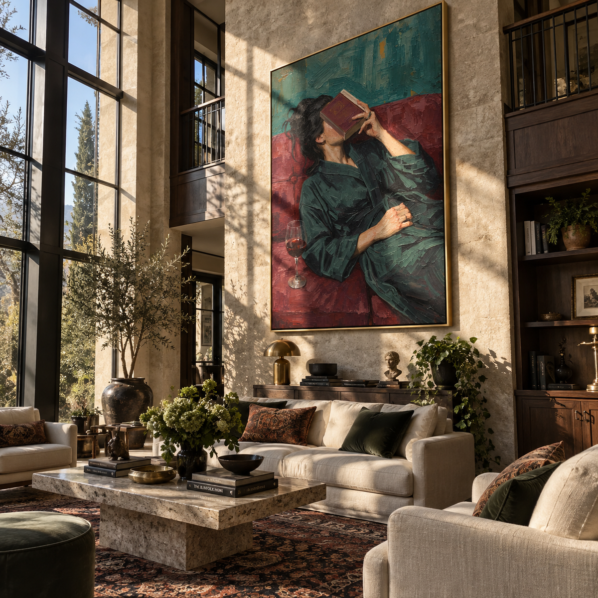 Red Pages Meet Wine – reclining woman reading with wine, Retro Modern vertical wall art - displayed in a quiet reading corner