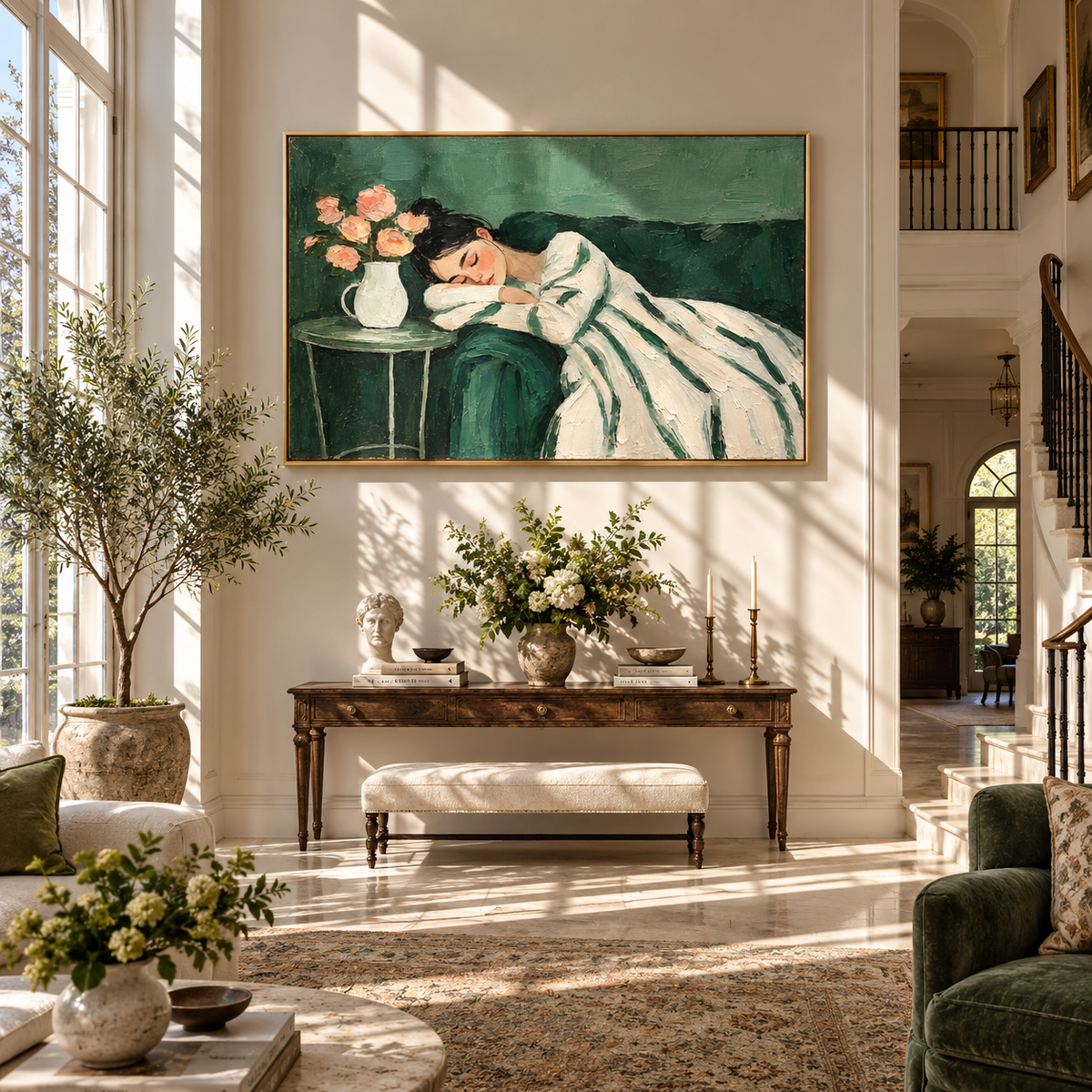 Roses Watch Her Sleep – sleeping woman beside pink roses, Retro Modern horizontal wall art - displayed above a living room sofa