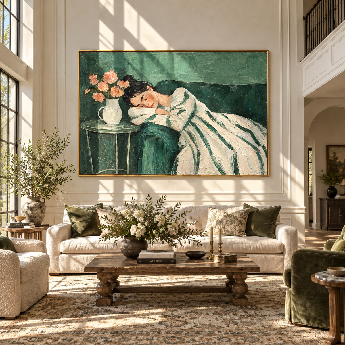 Roses Watch Her Sleep – sleeping woman beside pink roses, Retro Modern horizontal wall art - displayed beside a dining sideboard