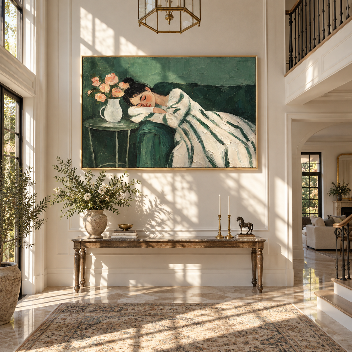 Roses Watch Her Sleep – sleeping woman beside pink roses, Retro Modern horizontal wall art - displayed in an open-plan lounge