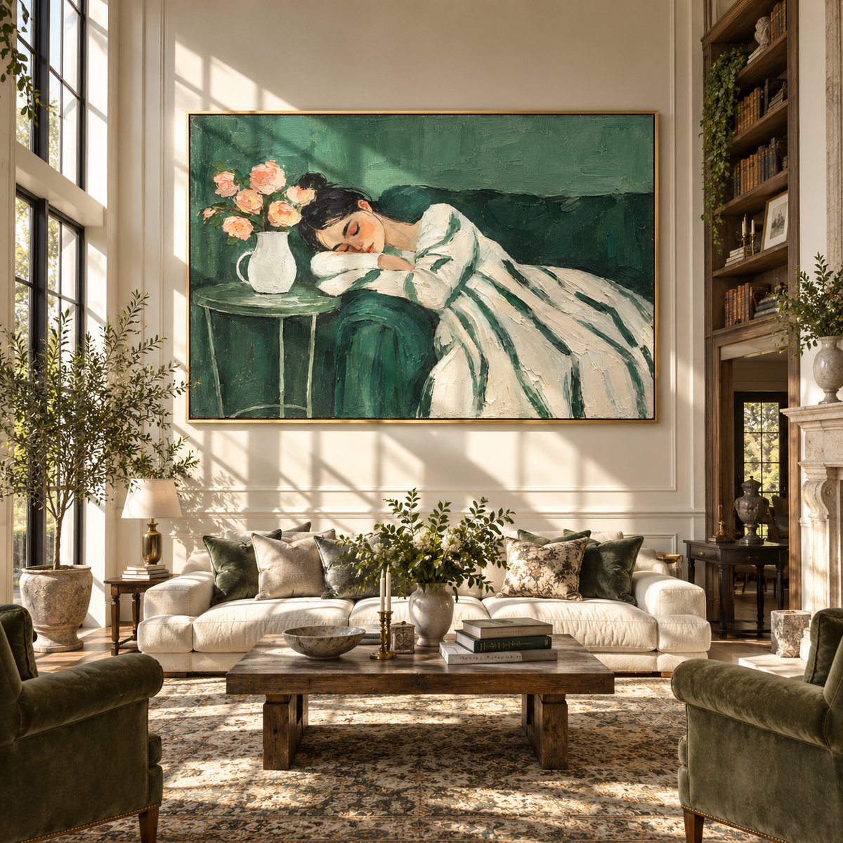 Roses Watch Her Sleep – sleeping woman beside pink roses, Retro Modern horizontal wall art - displayed above a long oak cabinet