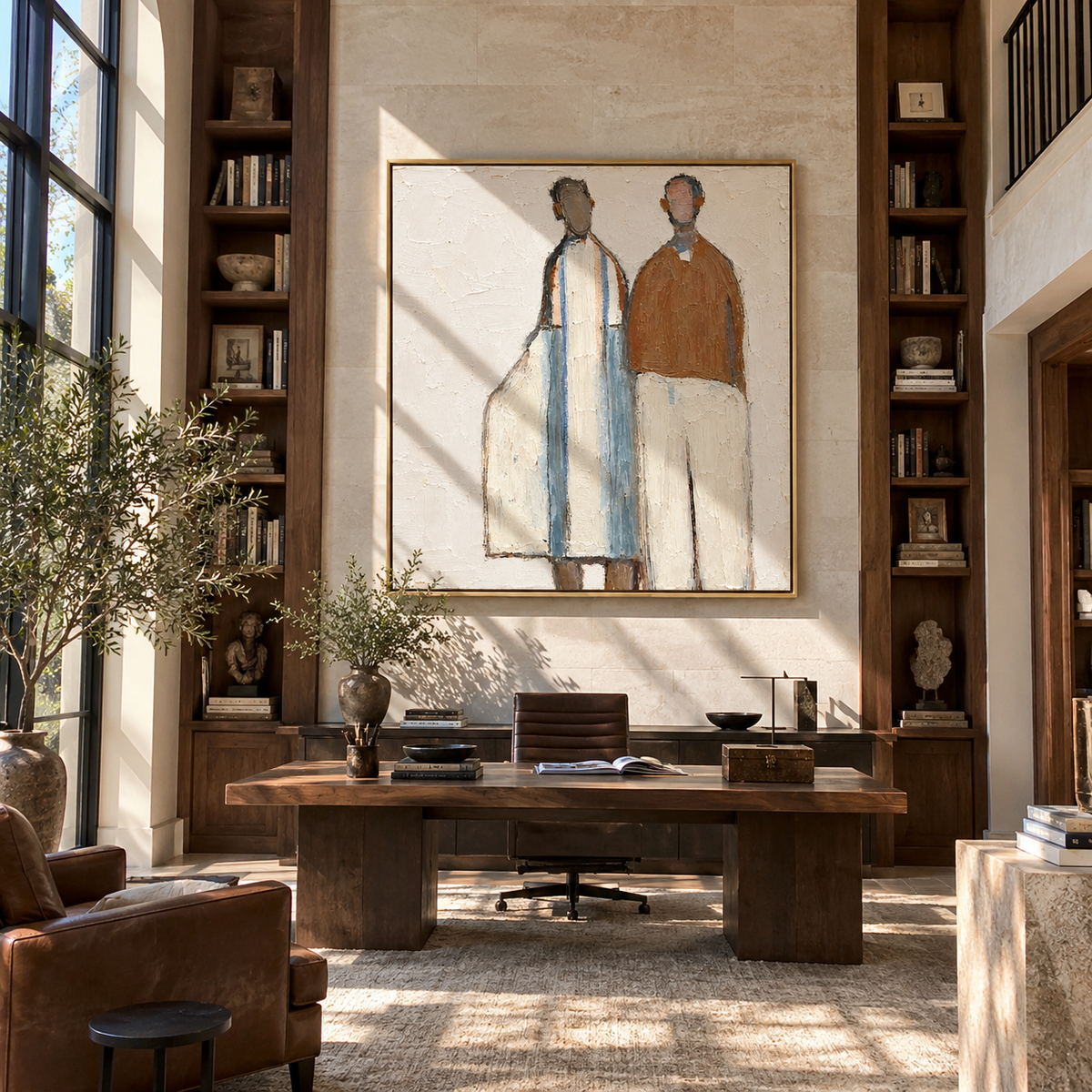 Two Figures Share Distance – two minimalist standing figures, Retro Modern square wall art - displayed above a living room console