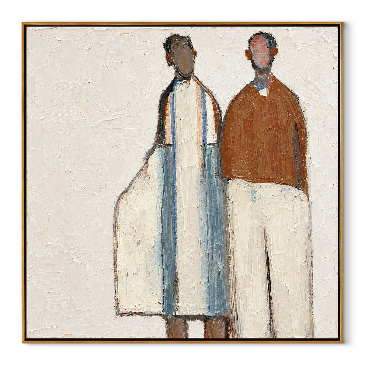 Two Figures Share Distance – two minimalist standing figures, Retro Modern square wall art - wood frame on white background