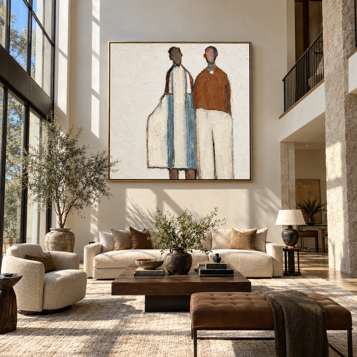 Two Figures Share Distance – two minimalist standing figures, Retro Modern square wall art - displayed on a calm bedroom wall