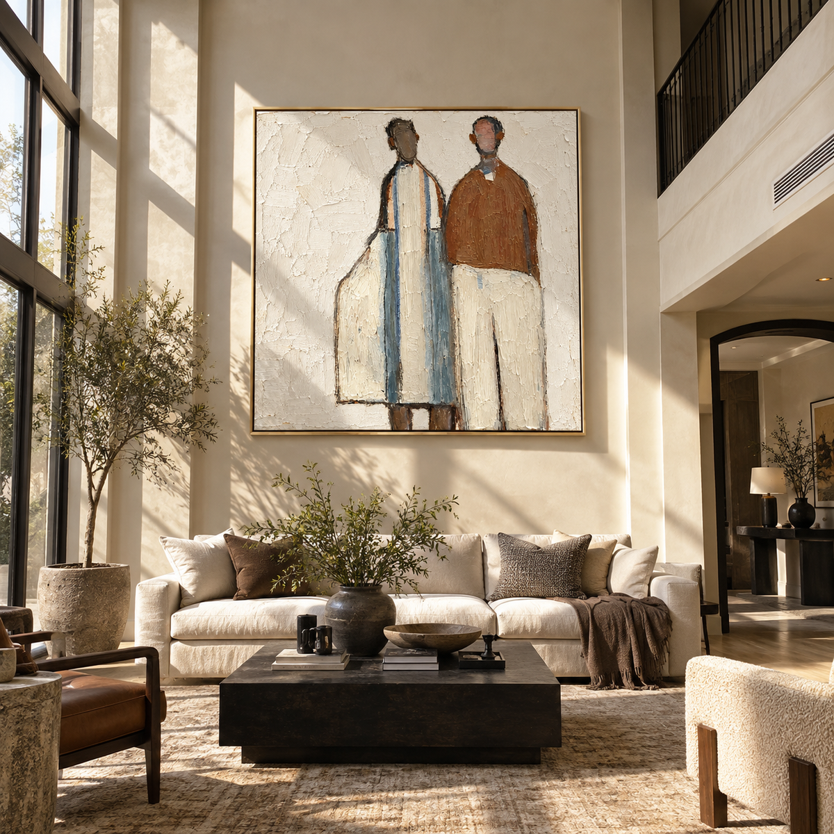 Two Figures Share Distance – two minimalist standing figures, Retro Modern square wall art - displayed in a collected modern lounge