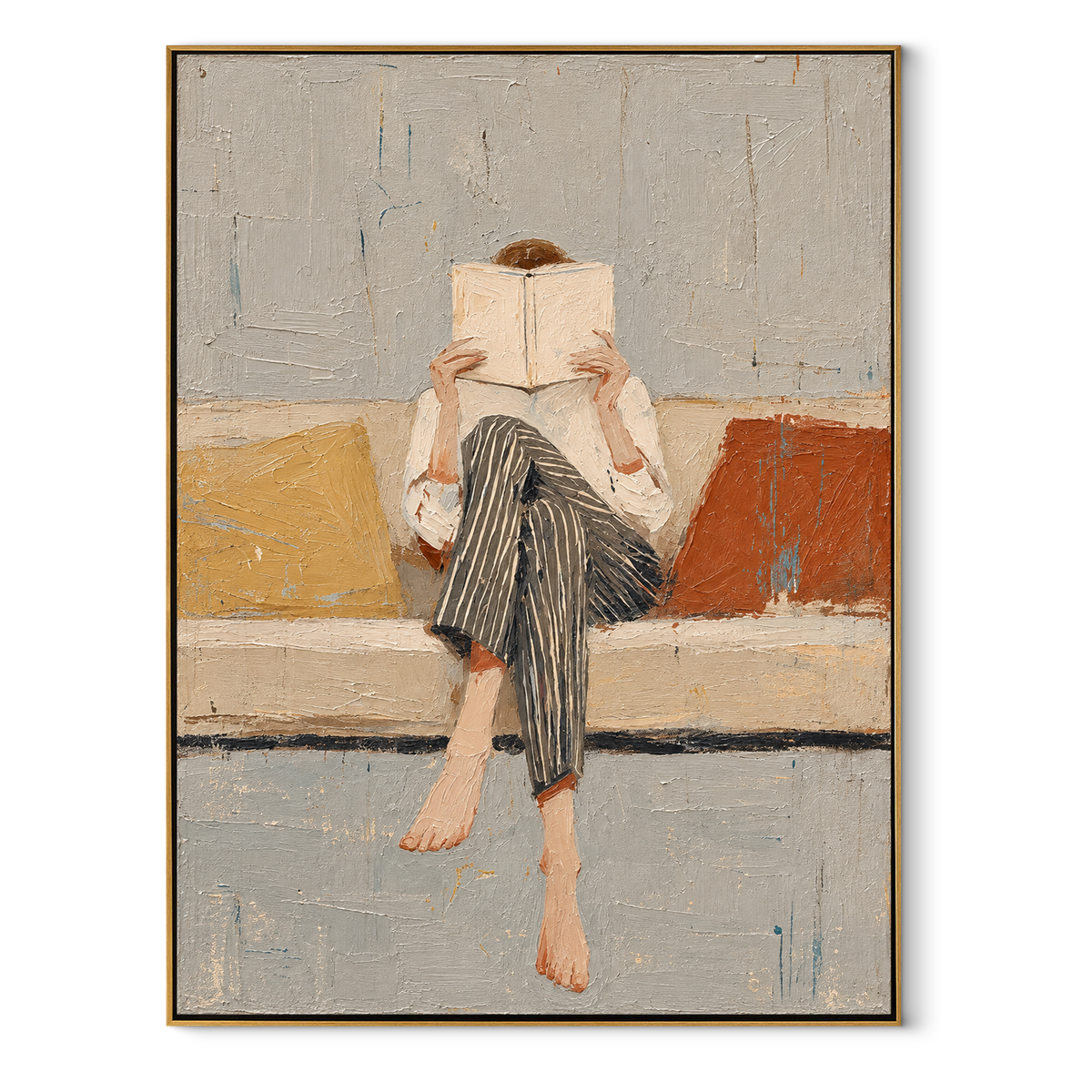 Pale Pages Hide Noon – seated woman reading on sofa, Retro Modern vertical wall art - wood frame on white background