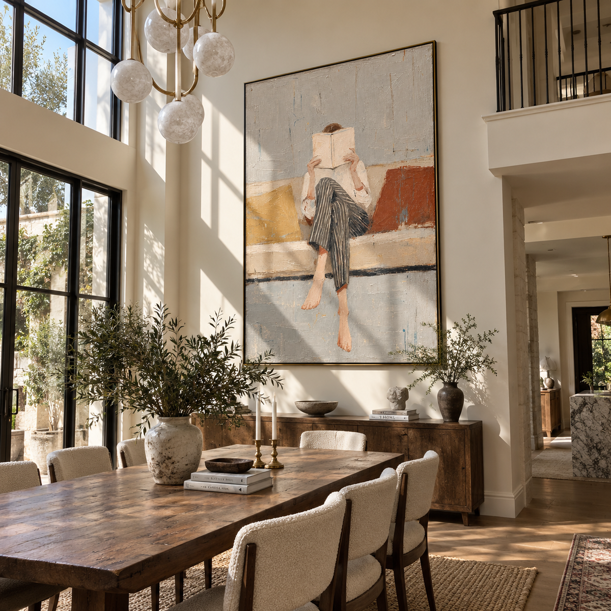 Pale Pages Hide Noon – seated woman reading on sofa, Retro Modern vertical wall art - displayed through an entryway