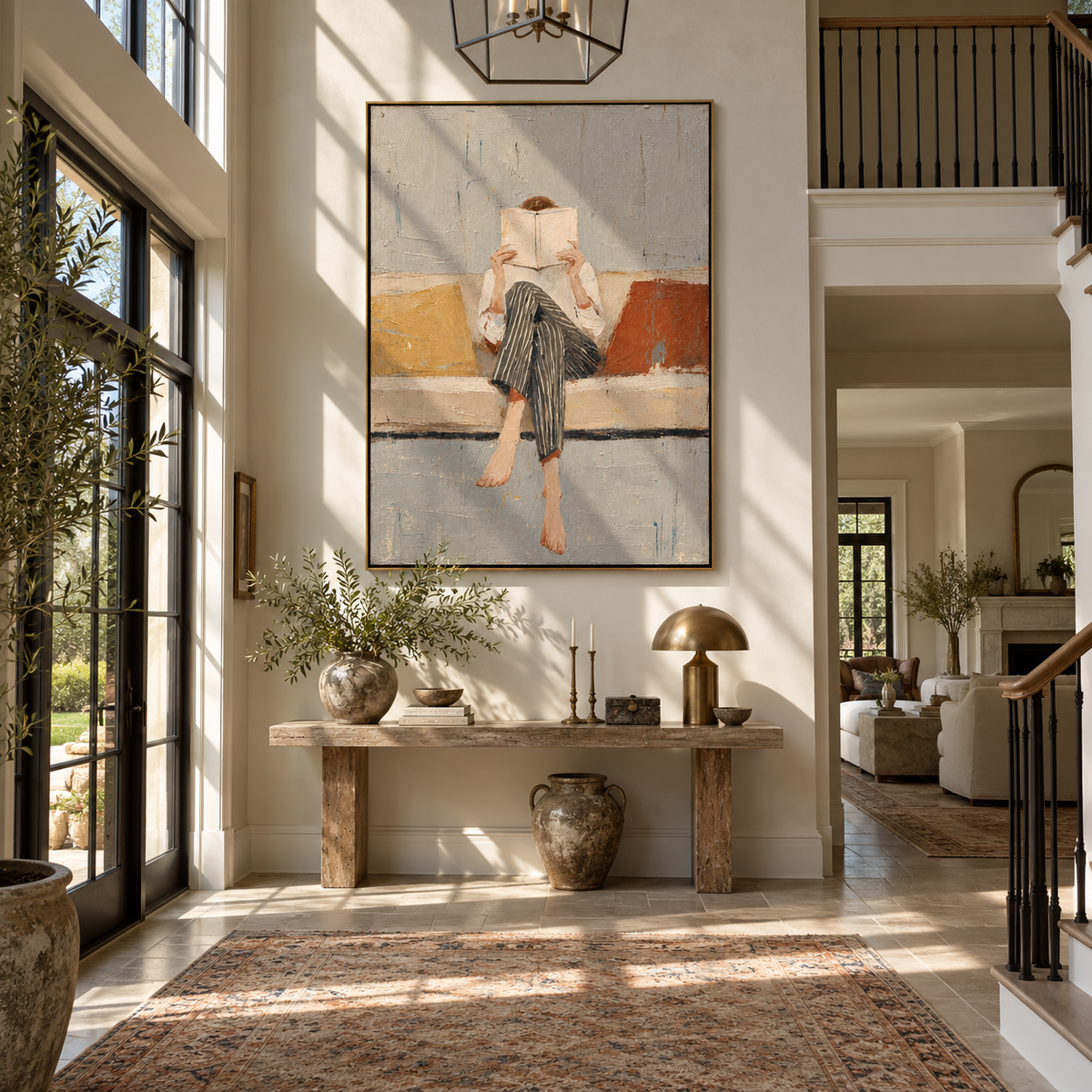 Pale Pages Hide Noon – seated woman reading on sofa, Retro Modern vertical wall art - displayed in a quiet reading corner