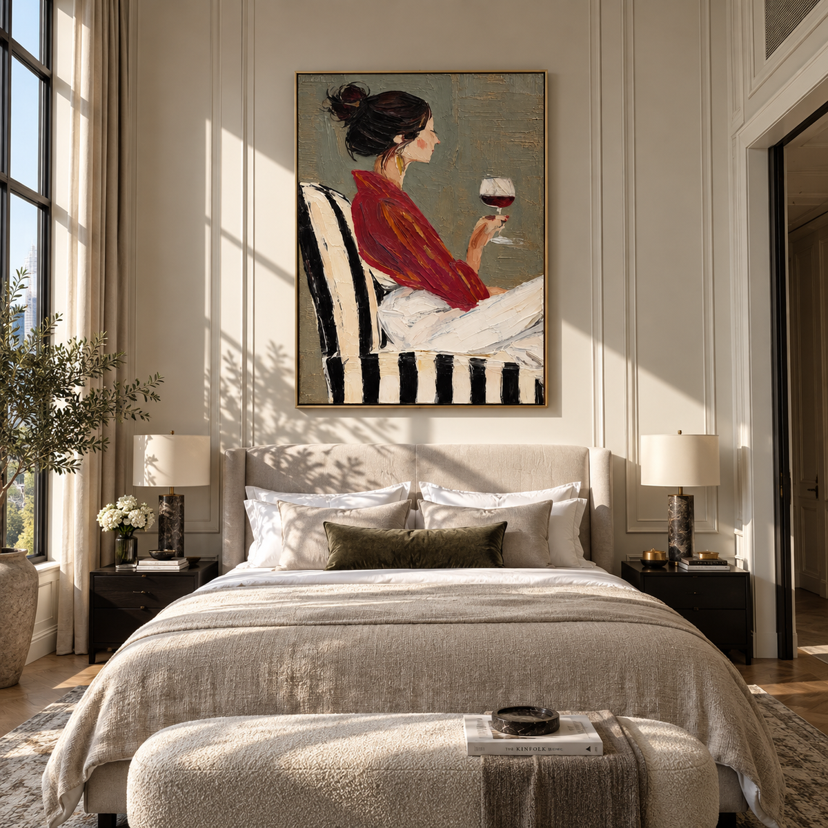 Burgundy Robe Holds Wine – woman in burgundy holding wine, Retro Modern vertical wall art - displayed beside a bedroom dresser