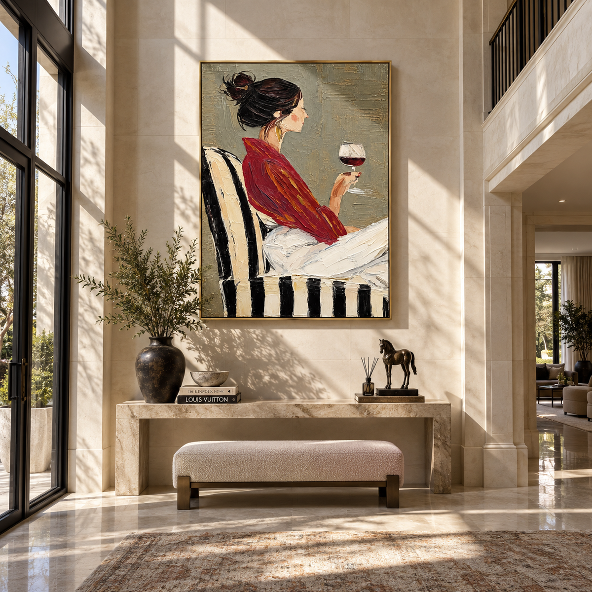 Burgundy Robe Holds Wine – woman in burgundy holding wine, Retro Modern vertical wall art - displayed through an entryway